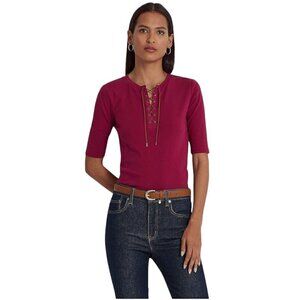 LAUREN Ralph Lauren Lace-Up Stretch Cotton Tee, NWT, Fuchsia Berry, Small